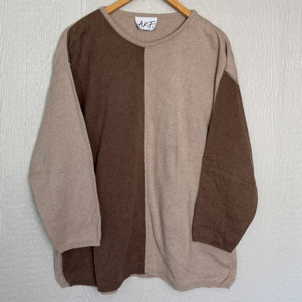 AKF New York Vintage Brown Colorblock Cotton Sweater Womens Medium Made in USA